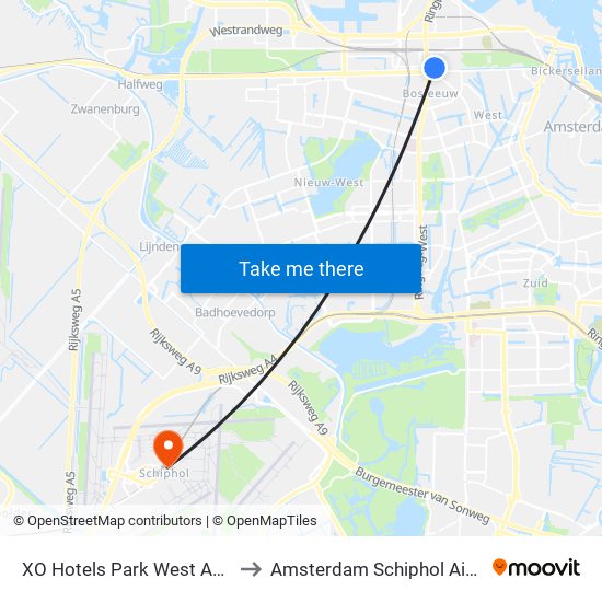 XO Hotels Park West Amsterdam to Amsterdam Schiphol Airport AMS map