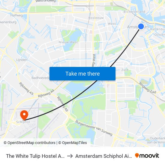 The White Tulip Hostel Amsterdam to Amsterdam Schiphol Airport AMS map