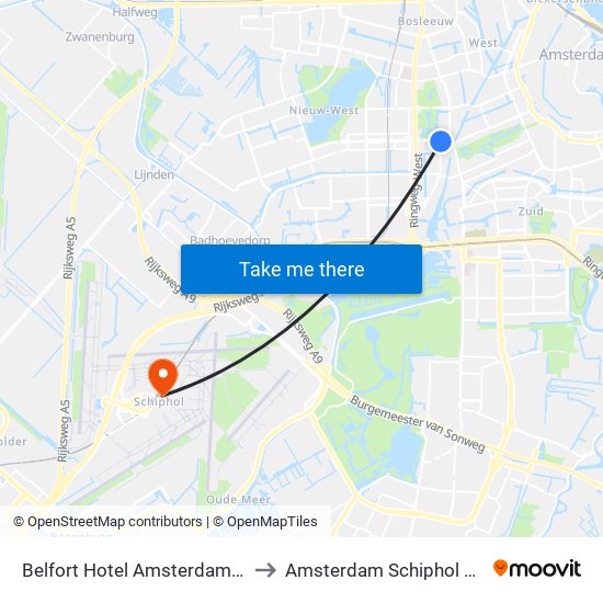 Belfort Hotel Amsterdam Netherlands to Amsterdam Schiphol Airport AMS map