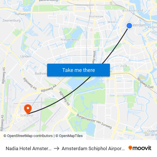 Nadia Hotel Amsterdam to Amsterdam Schiphol Airport AMS map