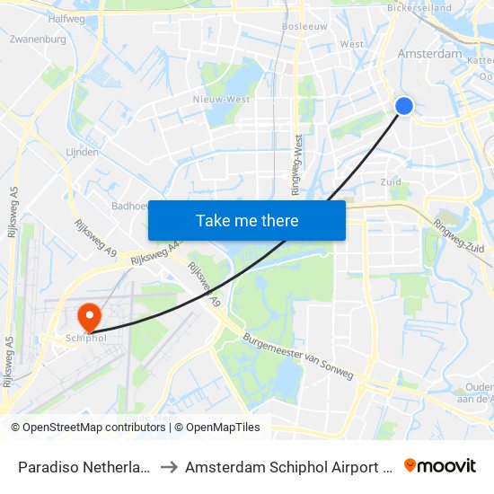 Paradiso Netherlands to Amsterdam Schiphol Airport AMS map