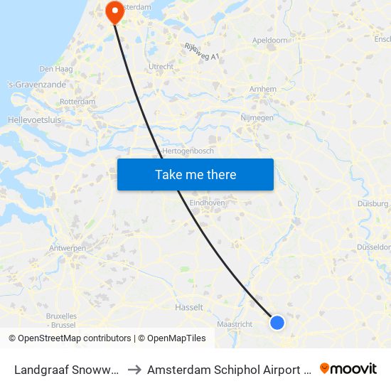 Landgraaf Snowworld to Amsterdam Schiphol Airport AMS map