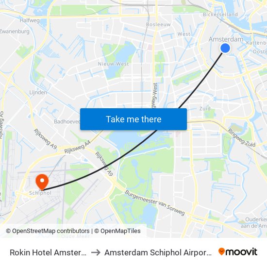 Rokin Hotel Amsterdam to Amsterdam Schiphol Airport AMS map