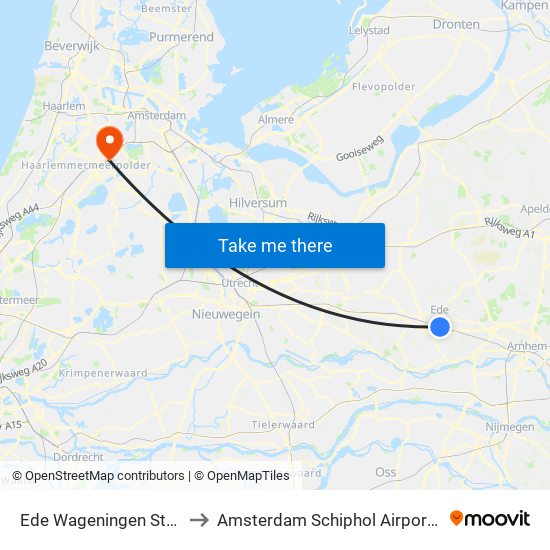 Ede Wageningen Station to Amsterdam Schiphol Airport AMS map