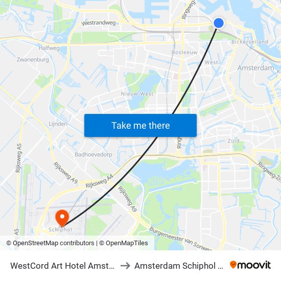 WestCord Art Hotel Amsterdam 4 stars to Amsterdam Schiphol Airport AMS map