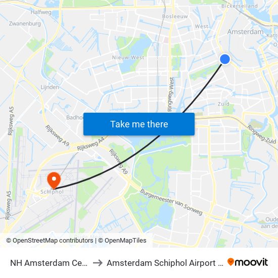 NH Amsterdam Centre to Amsterdam Schiphol Airport AMS map