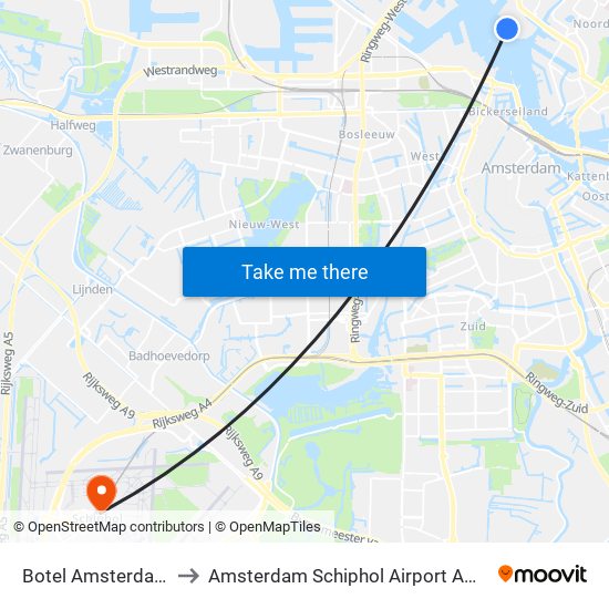 Botel Amsterdam to Amsterdam Schiphol Airport AMS map