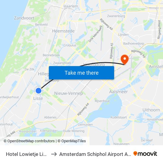 Hotel Lowietje Lisse to Amsterdam Schiphol Airport AMS map