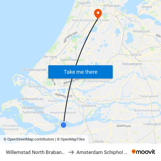 Willemstad North Brabant Netherlands to Amsterdam Schiphol Airport AMS map