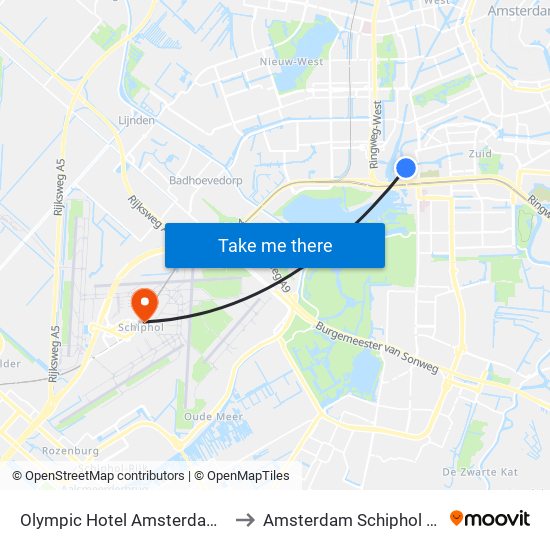 Olympic Hotel Amsterdam Netherlands to Amsterdam Schiphol Airport AMS map