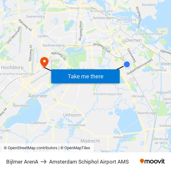 Bijlmer ArenA to Amsterdam Schiphol Airport AMS map