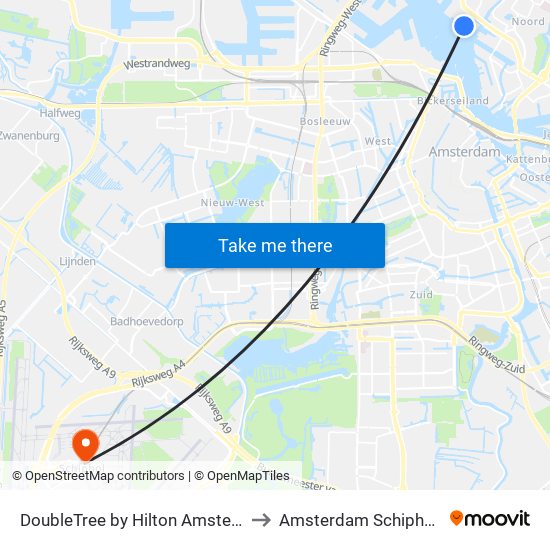 DoubleTree by Hilton Amsterdam NDSM Wharf to Amsterdam Schiphol Airport AMS map