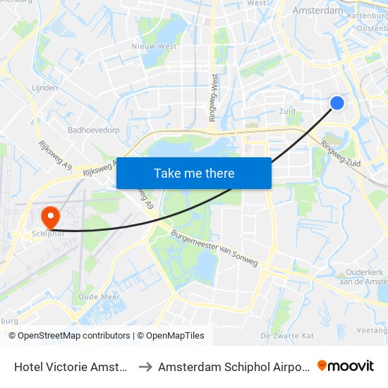 Hotel Victorie Amsterdam to Amsterdam Schiphol Airport AMS map