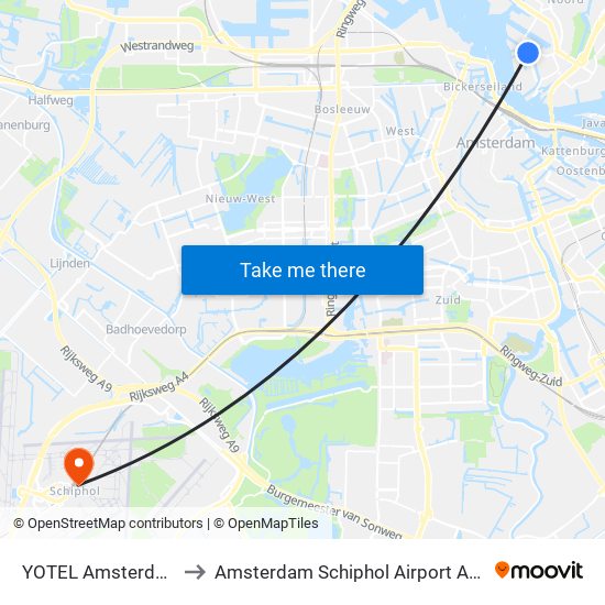 YOTEL Amsterdam to Amsterdam Schiphol Airport AMS map