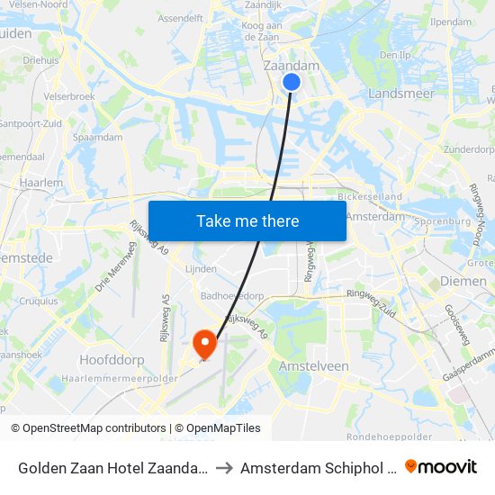 Golden Zaan Hotel Zaandam Amsterdam to Amsterdam Schiphol Airport AMS map