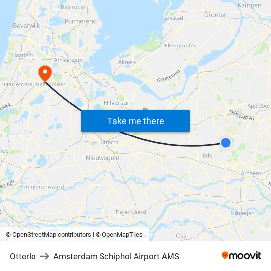 Otterlo to Amsterdam Schiphol Airport AMS map