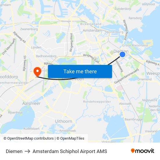 Diemen to Amsterdam Schiphol Airport AMS map