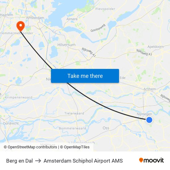 Berg en Dal to Amsterdam Schiphol Airport AMS map