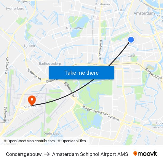 Concertgebouw to Amsterdam Schiphol Airport AMS map