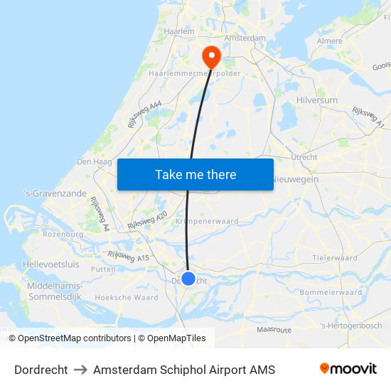 Dordrecht to Amsterdam Schiphol Airport AMS map