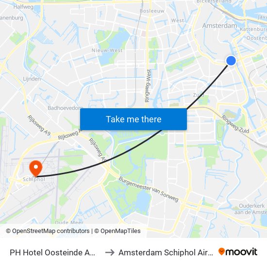 PH Hotel Oosteinde Amsterdam to Amsterdam Schiphol Airport AMS map