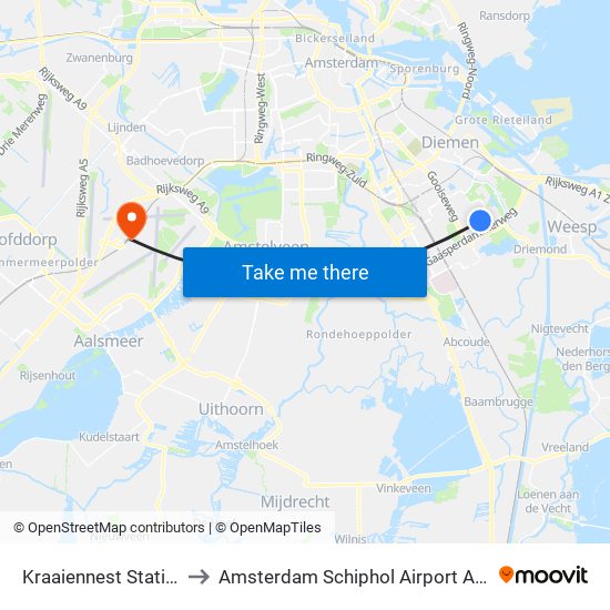 Kraaiennest Station to Amsterdam Schiphol Airport AMS map