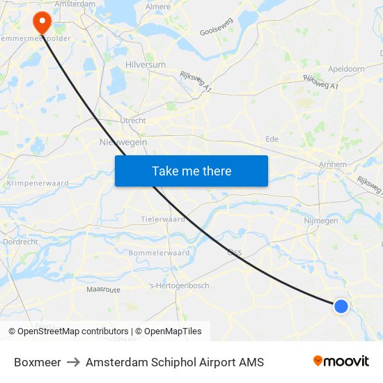 Boxmeer to Amsterdam Schiphol Airport AMS map