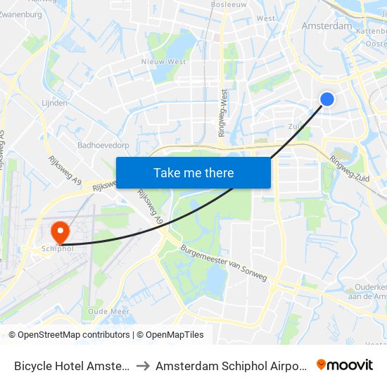 Bicycle Hotel Amsterdam, Van Ostadestraat 123 to Amsterdam Schiphol Airport AMS map