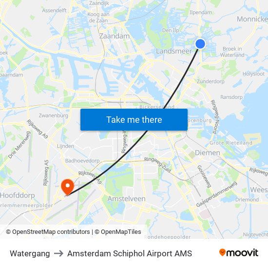 Watergang to Amsterdam Schiphol Airport AMS map