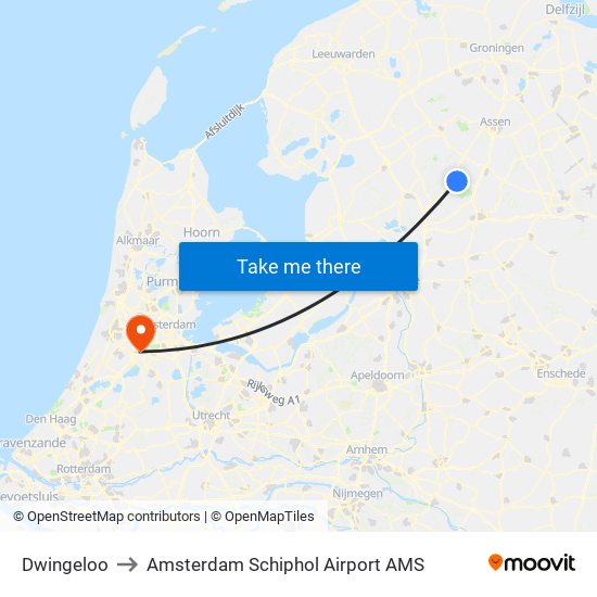 Dwingeloo to Amsterdam Schiphol Airport AMS map