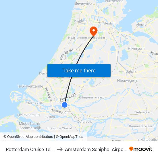 Rotterdam Cruise Terminal to Amsterdam Schiphol Airport AMS map