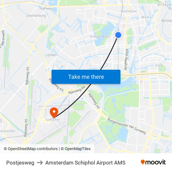Postjesweg to Amsterdam Schiphol Airport AMS map
