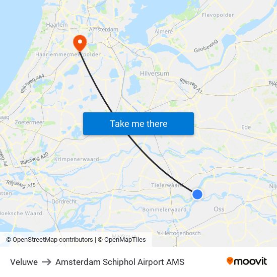 Veluwe to Amsterdam Schiphol Airport AMS map