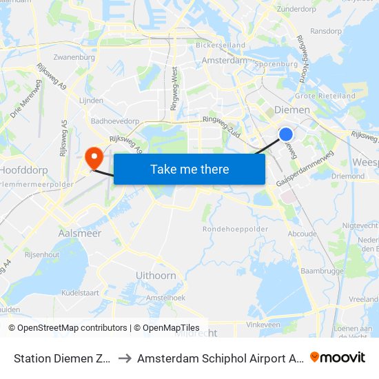 Station Diemen Zuid to Amsterdam Schiphol Airport AMS map