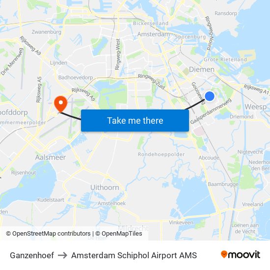 Ganzenhoef to Amsterdam Schiphol Airport AMS map