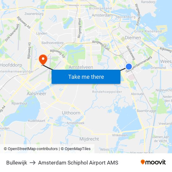 Bullewijk to Amsterdam Schiphol Airport AMS map