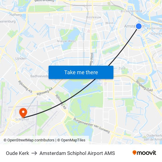 Oude Kerk to Amsterdam Schiphol Airport AMS map