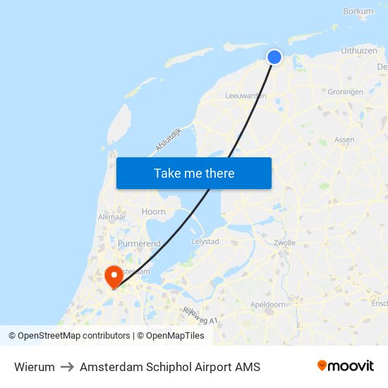 Wierum to Amsterdam Schiphol Airport AMS map