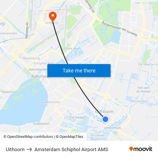 Uithoorn to Amsterdam Schiphol Airport AMS map