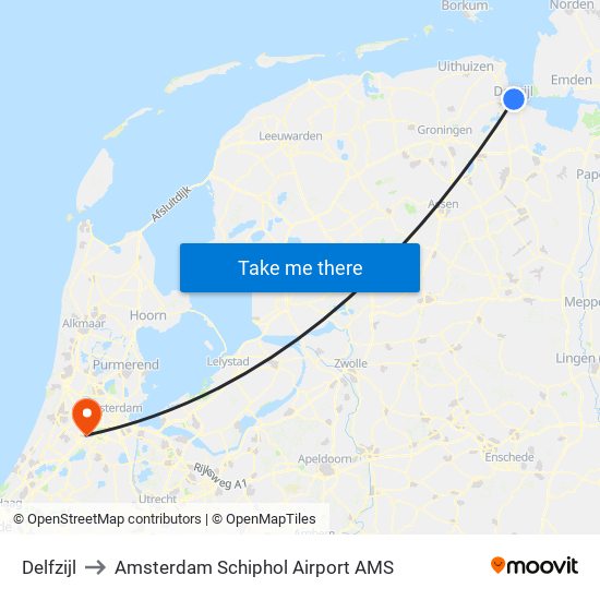 Delfzijl to Amsterdam Schiphol Airport AMS map