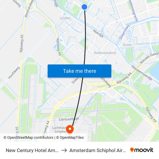 New Century Hotel Amsterdam to Amsterdam Schiphol Airport AMS map
