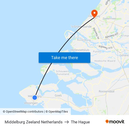 Middelburg Zeeland Netherlands to The Hague map
