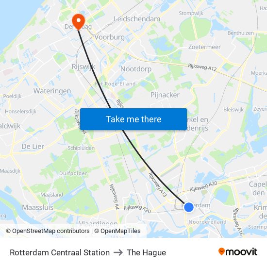 Rotterdam Centraal Station to The Hague map