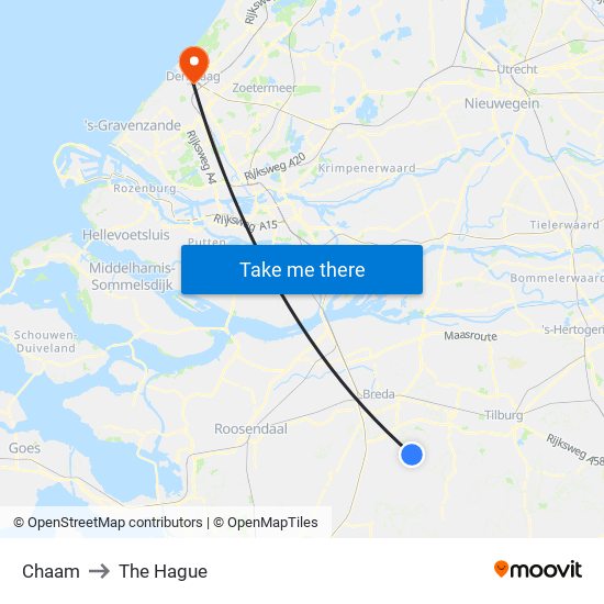 Chaam to The Hague map