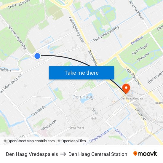 Den Haag Vredespaleis to Den Haag Centraal Station map