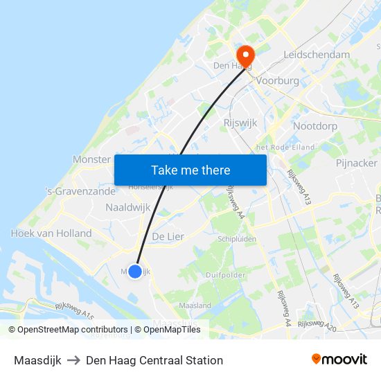 Maasdijk to Den Haag Centraal Station map