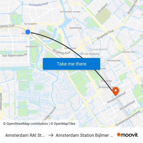 Amsterdam RAI Station to Amsterdam Station Bijlmer ArenA map