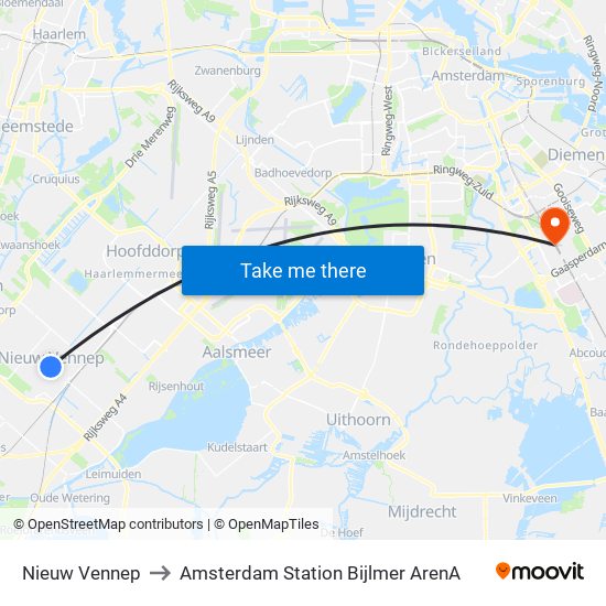 Nieuw Vennep to Amsterdam Station Bijlmer ArenA map