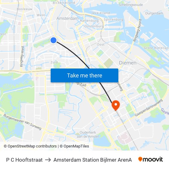 P C Hooftstraat to Amsterdam Station Bijlmer ArenA map