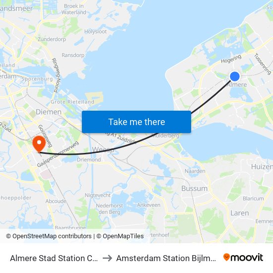 Almere Stad Station Centrum to Amsterdam Station Bijlmer ArenA map